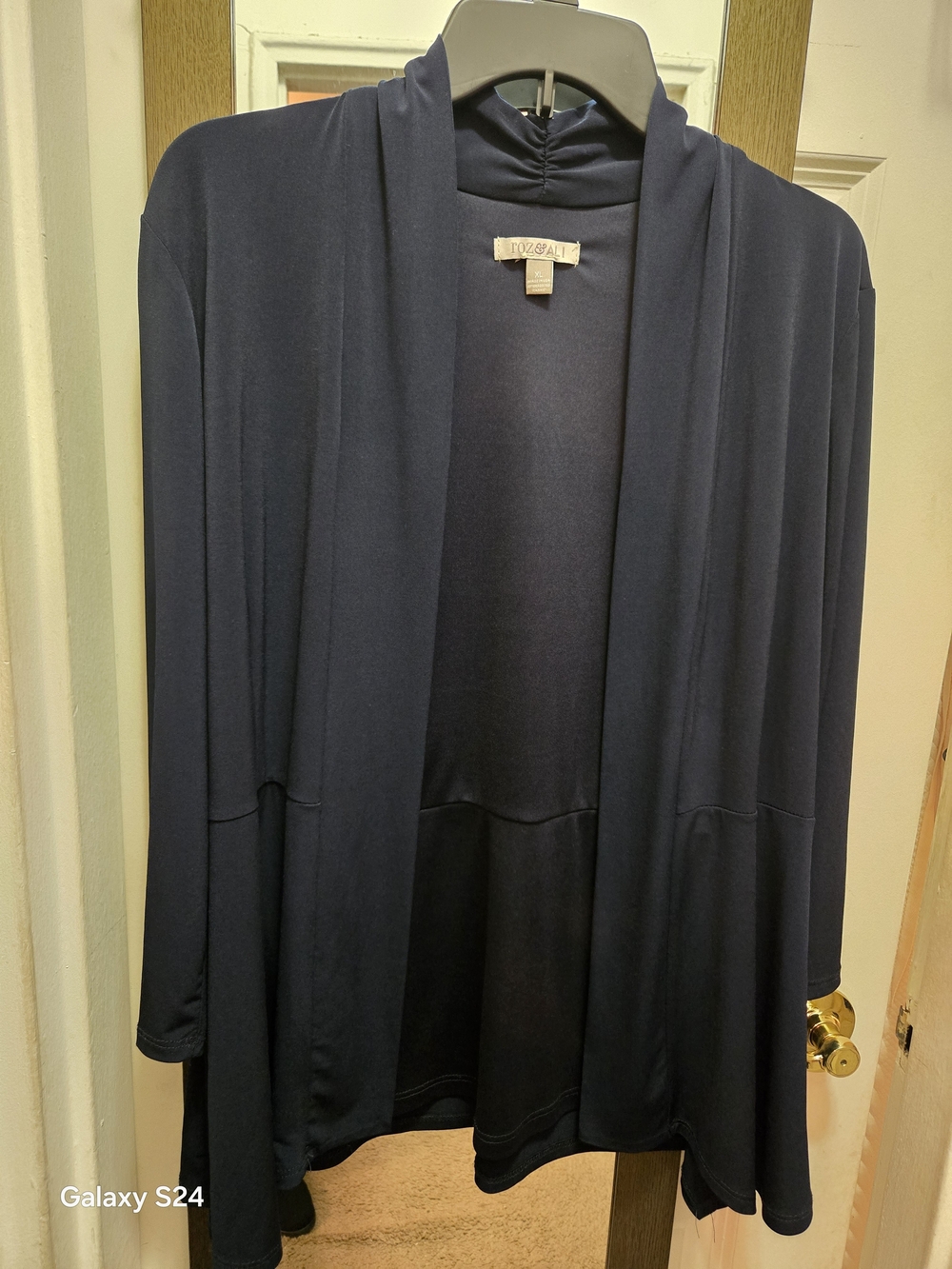 Roz & Ali Navy Open Front Draped Cardigan Blazer